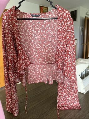 Floral Tie-Front Crop Top in Rust Red and White Florals